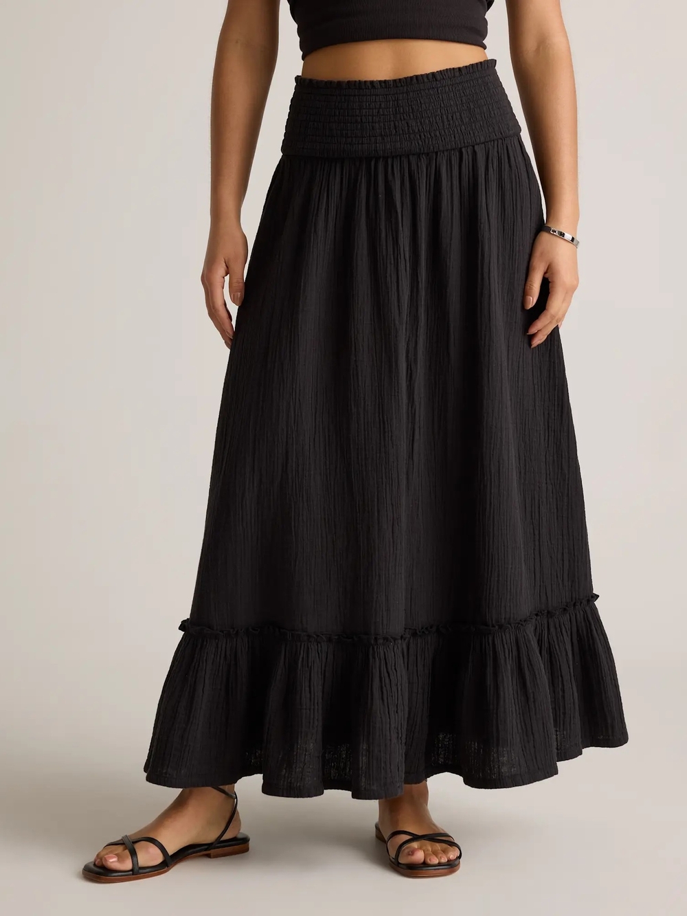 Quince NWT 100% Cotton Black Maxi Skirt with Smocked Waist and Ruffle Hem Size L